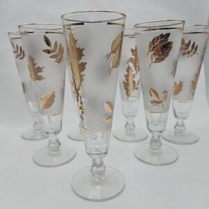 Vintage Mid Century Barware Libbey Bee Gold Leaf 12 oz Pilsners Glasses Set Of 7